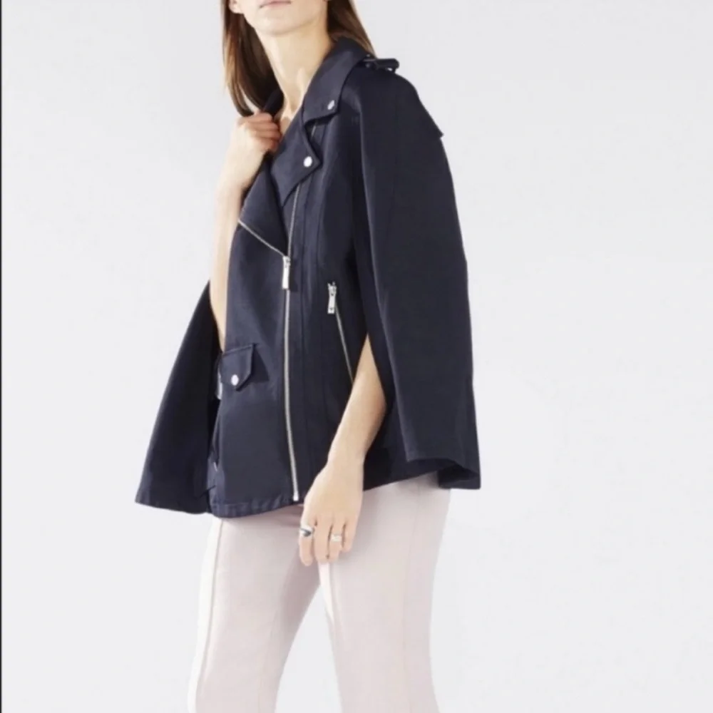 BCBGMAXAZRIA Asymmetrical Cape Sm Black Moto Poncho Jacket Structured Utility - Picture 3 of 8